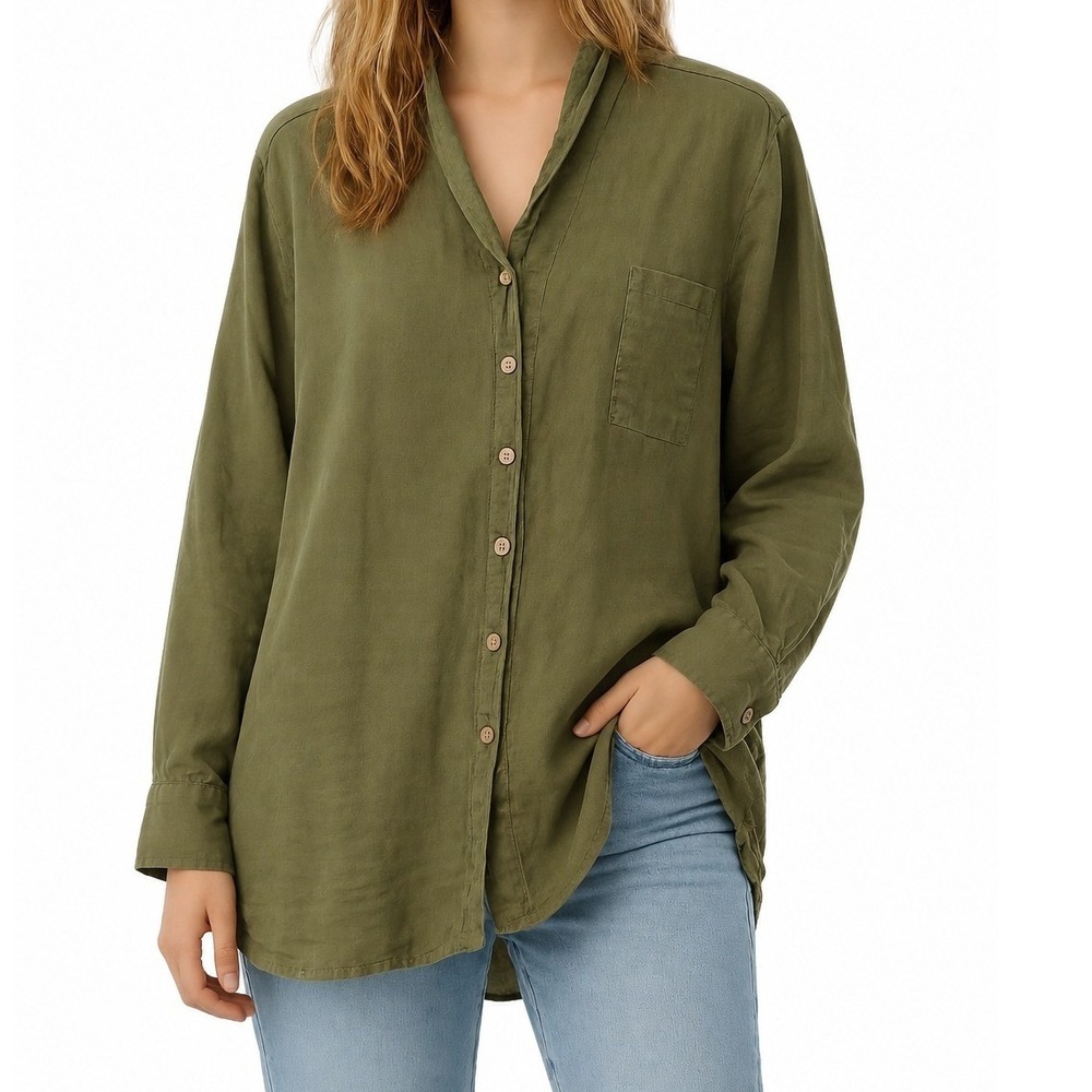 FLAX Linen Button Up Tunic Shirt Medium Olive Green Lagenlook Earthy Sustainable